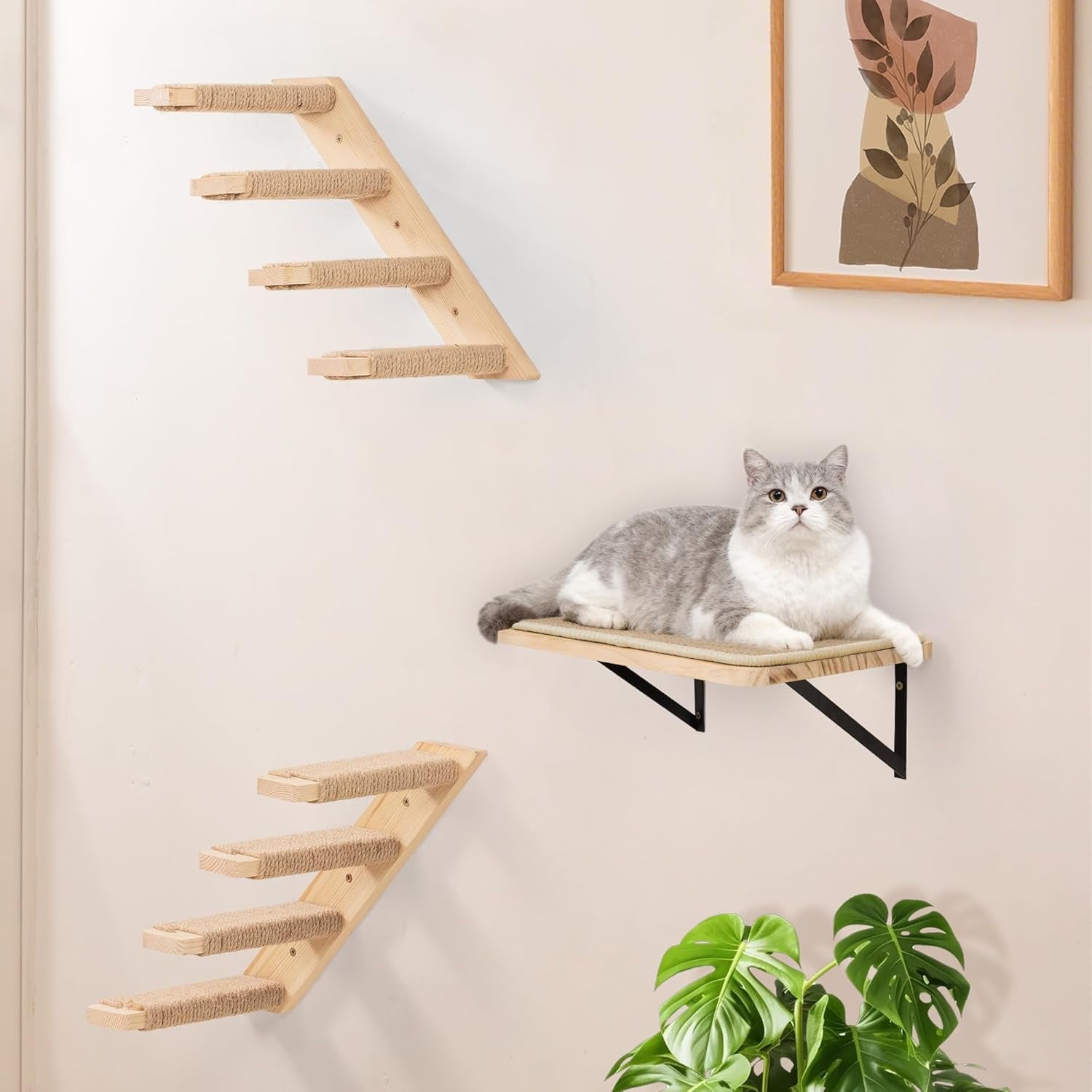 PELUOMOZ Natural Wood 4-Step Reversible Cat Stair Shelf - Wall-Mounted Sisal Rope Climber Furniture