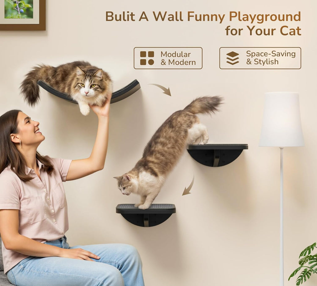 Curved Cat Wall Shelves with Scratching Mat, Wall Mounted Wood Multi-Functional Cats Walls Furniture for Indoor, Cat Sleeper Platform Shelf for Climb Play Nap
