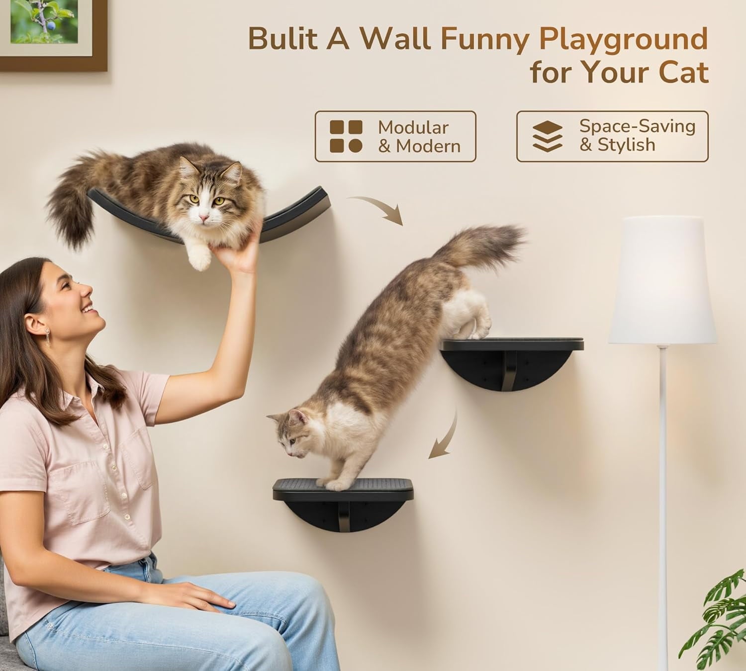 Curved Cat Wall Shelves with Scratching Mat, Wall Mounted Wood Multi-Functional Cats Walls Furniture for Indoor, Cat Sleeper Platform Shelf for Climb Play Nap