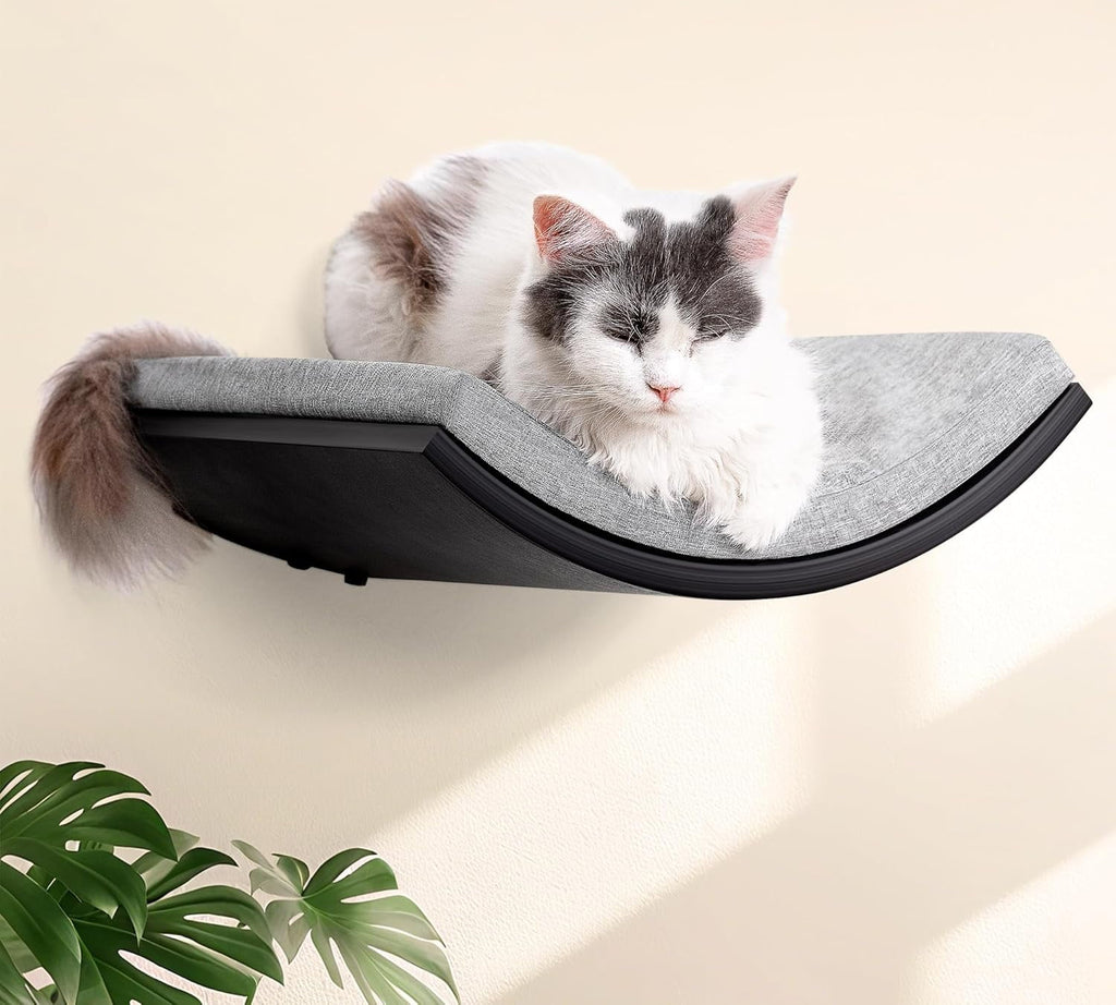 Peluomoz Curved Wooden Cat Wall Perch (Black & Gray) - Wall-Mounted Foam Mat Sleeper & Play Platform for Indoor Use