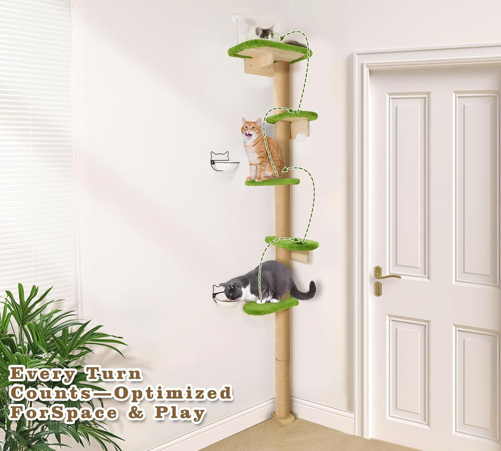 Peluomoz Adjustable Height Floor-to-Ceiling Cat Tree - Wall-Mounted 5-Platform Kitten Climber with Green Plush Pads
