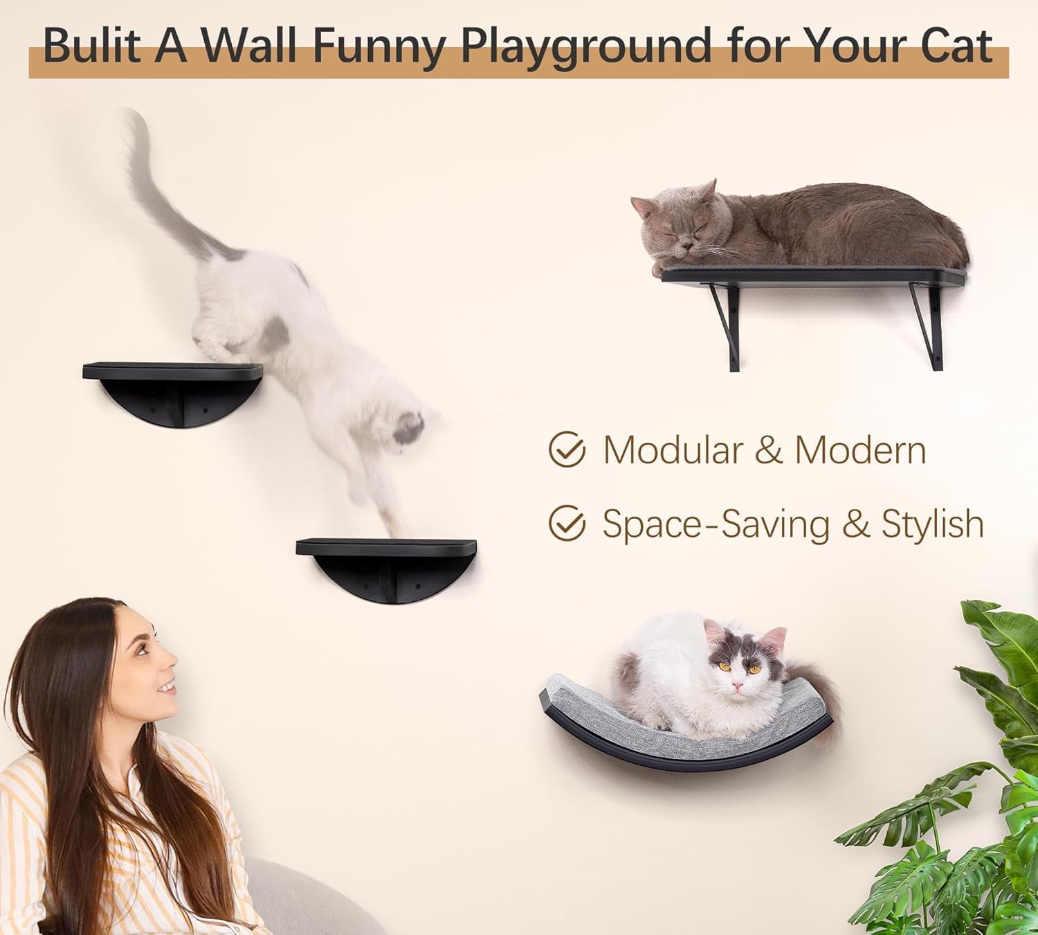 Peluomoz 2PC Wooden Wall-Mounted Cat Stairs - Scratching Mat Climbing Steps & Perch Platform