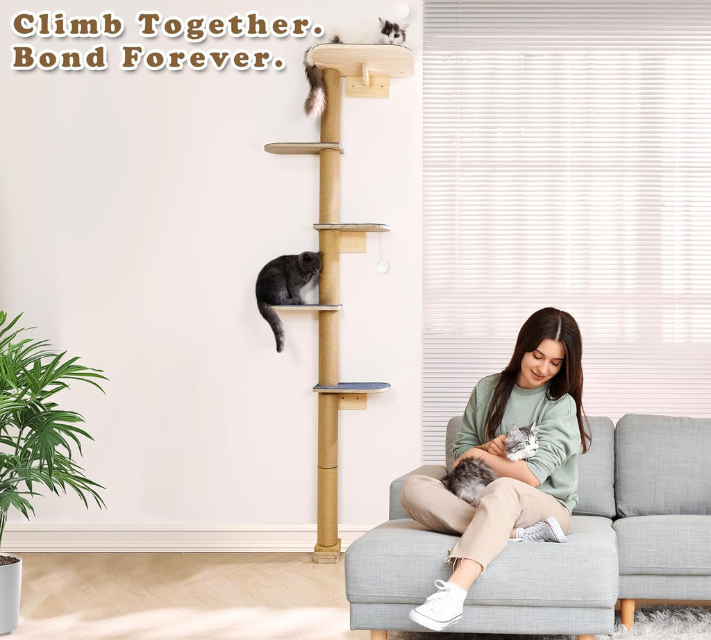 Peluomoz Adjustable Height Floor-to-Ceiling Kitten Cat Tree - Wall-Mounted 5-Tier Natural Pine Shelves with Grey Felt Pads