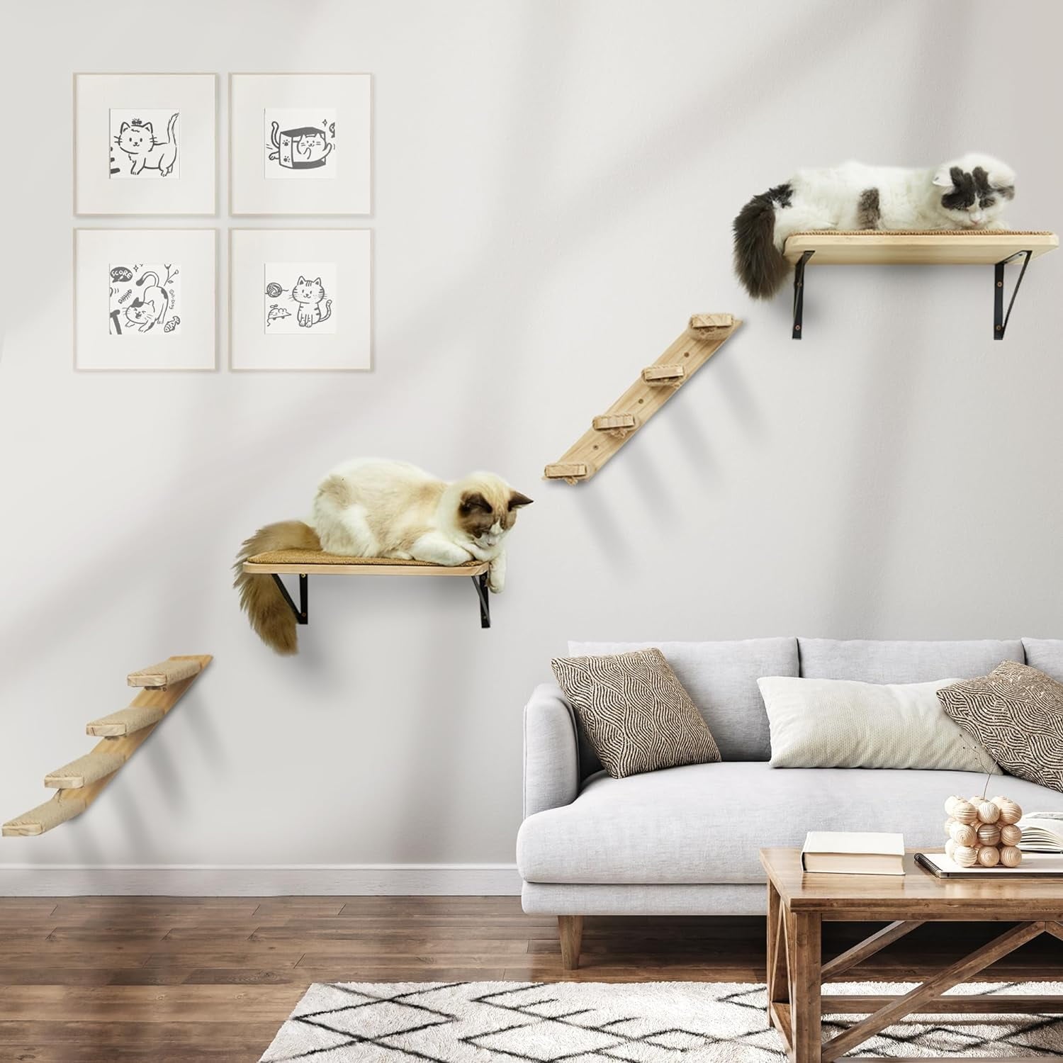 PELUOMOZ Natural Wood 4-Step Reversible Cat Stair Shelf - Wall-Mounted Sisal Rope Climber Furniture