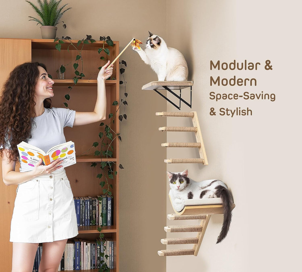 Cats Wall Shelves with Sponge Mat, Cat Climbing Tree with 2 Steps Square Platforms and Curved Platforms, Wooden Cat Wall Furniture Set for Sleeping and Playing