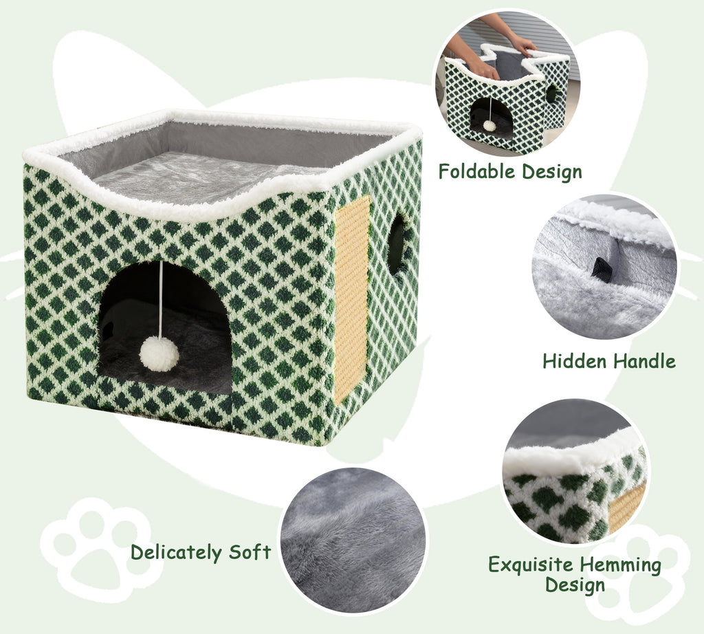Peluomoz Clawsable Large Indoor Cat House with Scratch Pad & Fluffy Ball Hanging, Green