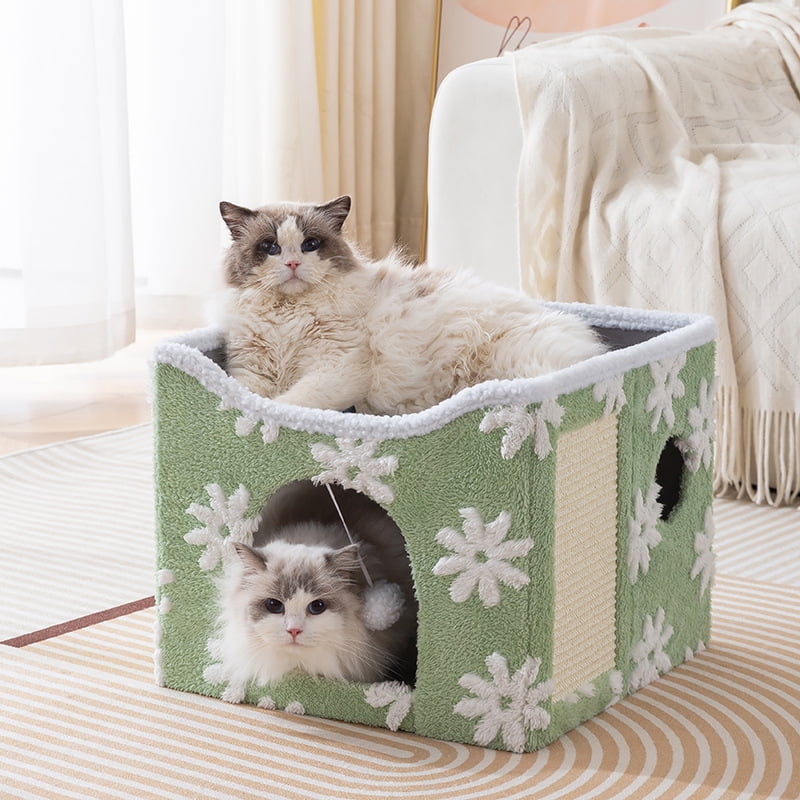 PELUOMOZ Clawable Large Indoor Cat House with Scratch Pad & Fluffy Ball Hanging, Green Flower