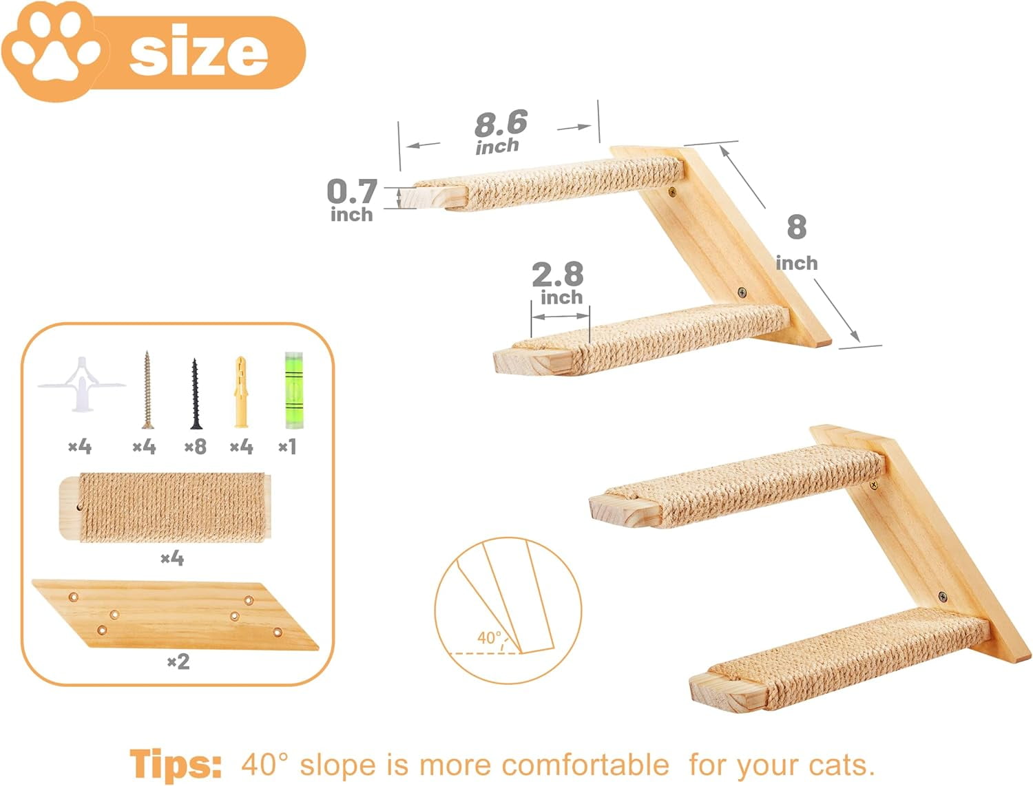 Cat Climbing Stair Shelf Wall Mounted Reversible Left & Right Direction, Cat Stairway Shelf for Climbing with Sisal Rope Ladder Cat Wall Furniture