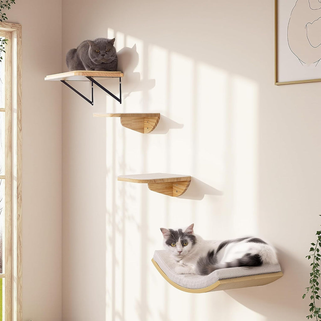 2PC Cat Stairs with Scratching Mat,Wall Mounted Cat Steps, Wooden Climbing Shelves for Cats, Cats Stairway Ladder Furniture for Perch Platform Supplies