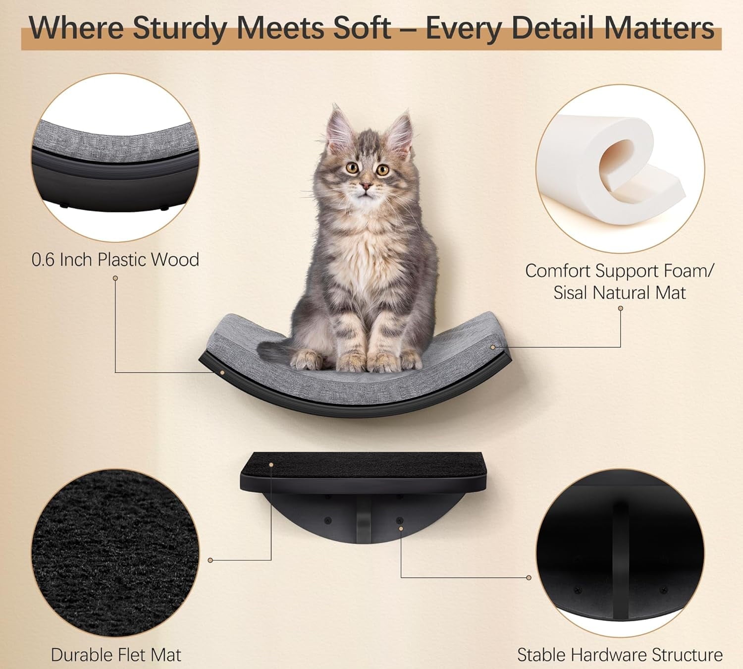 Peluomoz 2PC Wooden Wall-Mounted Cat Stairs - Scratching Mat Climbing Steps & Perch Platform