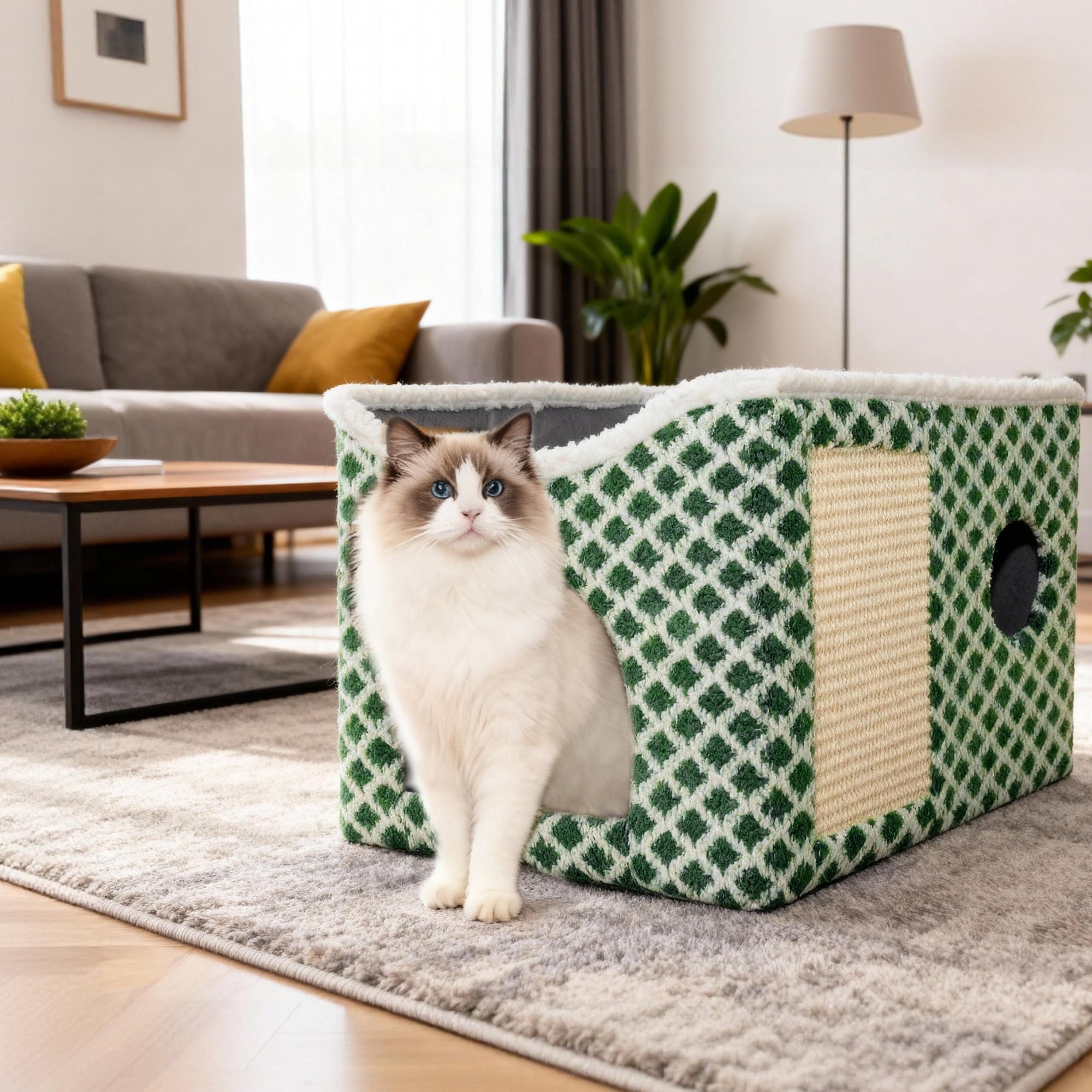 Peluomoz Clawsable Large Indoor Cat House with Scratch Pad & Fluffy Ball Hanging, Green