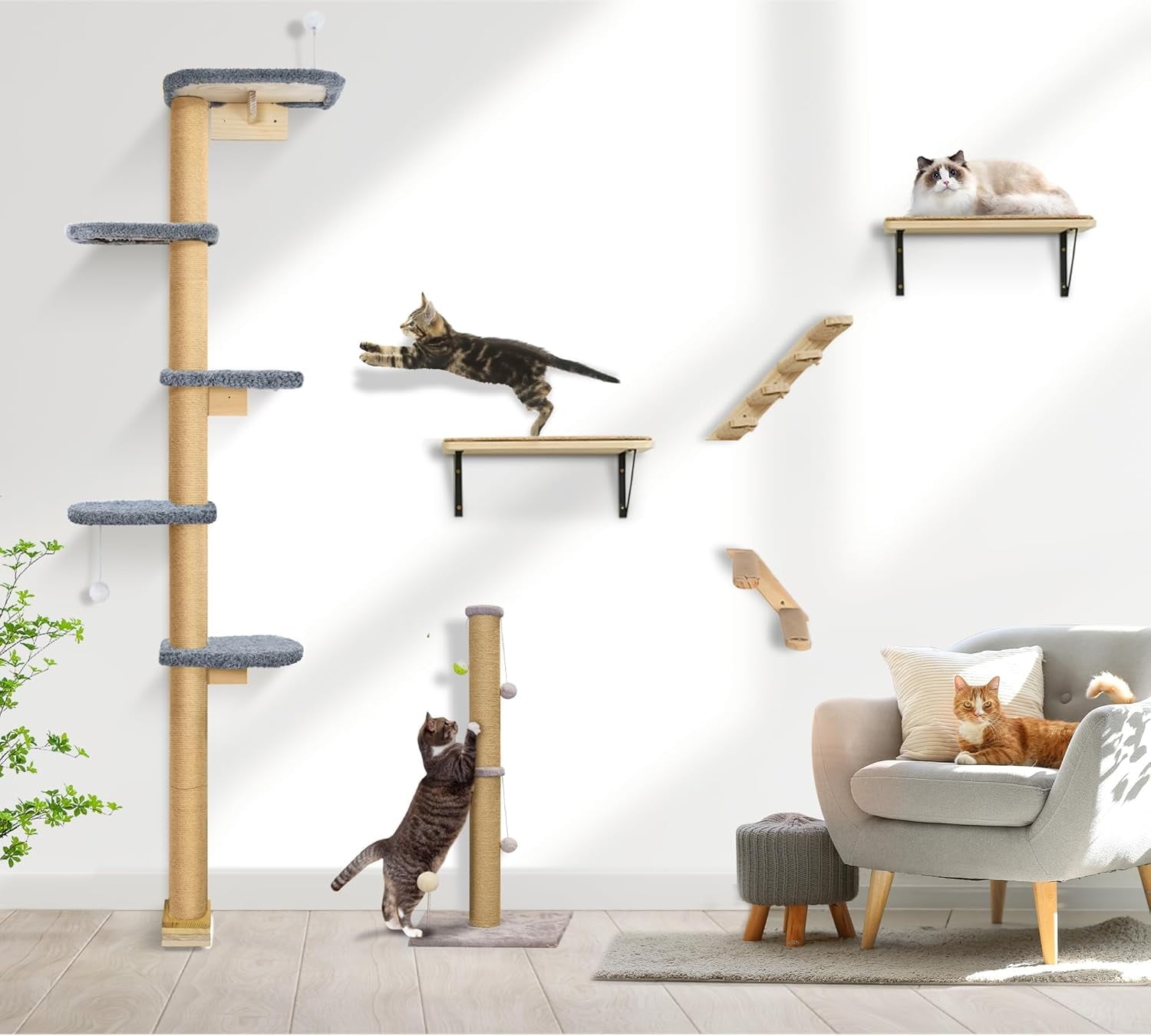 Peluomoz Adjustable Height Floor-to-Ceiling Kitten Cat Tree - Wall-Mounted 83" Climbing Tower with Grey Plush Pads & Scratching Post