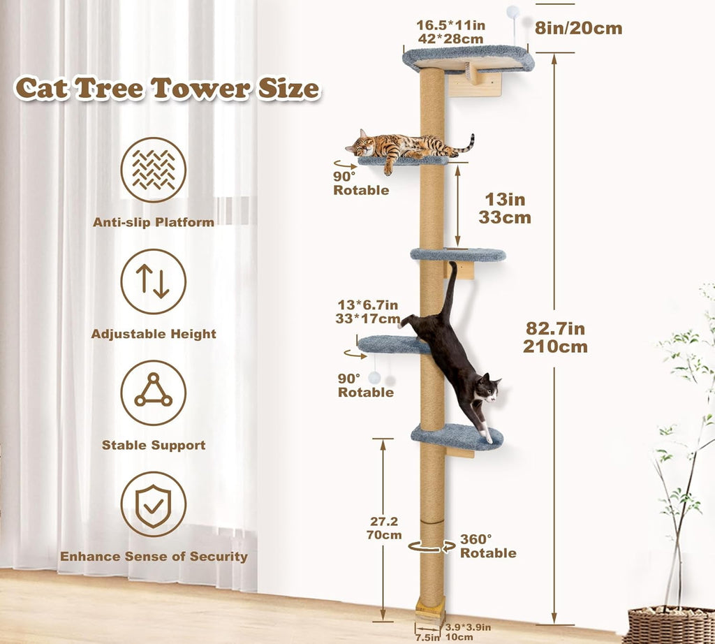 Peluomoz Adjustable Height Floor-to-Ceiling Kitten Cat Tree - Wall-Mounted 83" Climbing Tower with Grey Plush Pads & Scratching Post