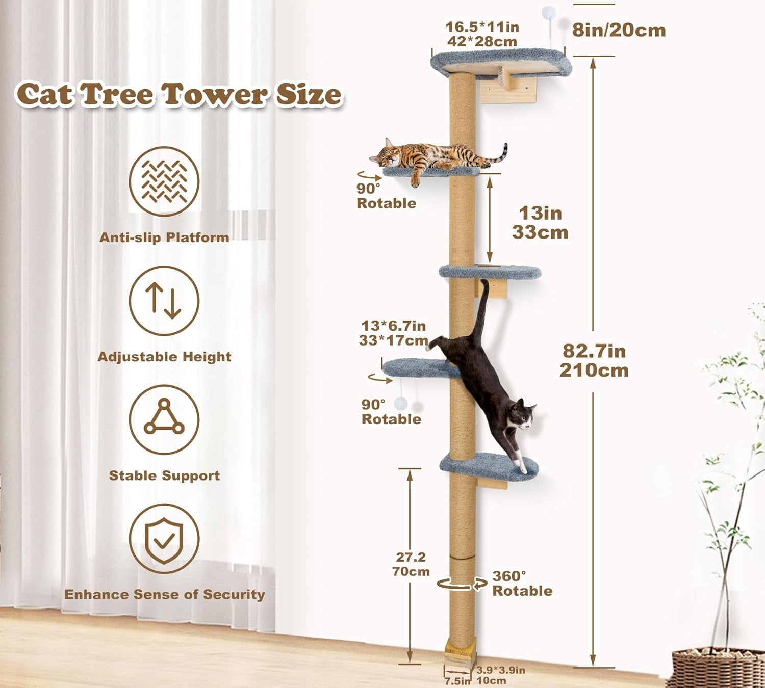 Peluomoz Adjustable Height Floor-to-Ceiling Kitten Cat Tree - Wall-Mounted 83" Climbing Tower with Grey Plush Pads & Scratching Post