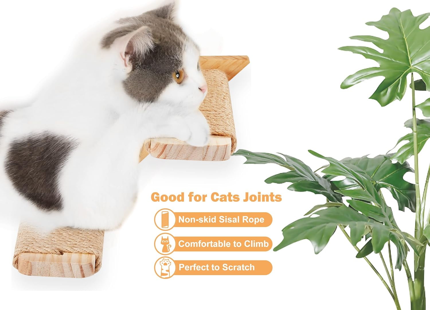 Cat Climbing Stair Shelf Wall Mounted Reversible Left & Right Direction, Cat Stairway Shelf for Climbing with Sisal Rope Ladder Cat Wall Furniture