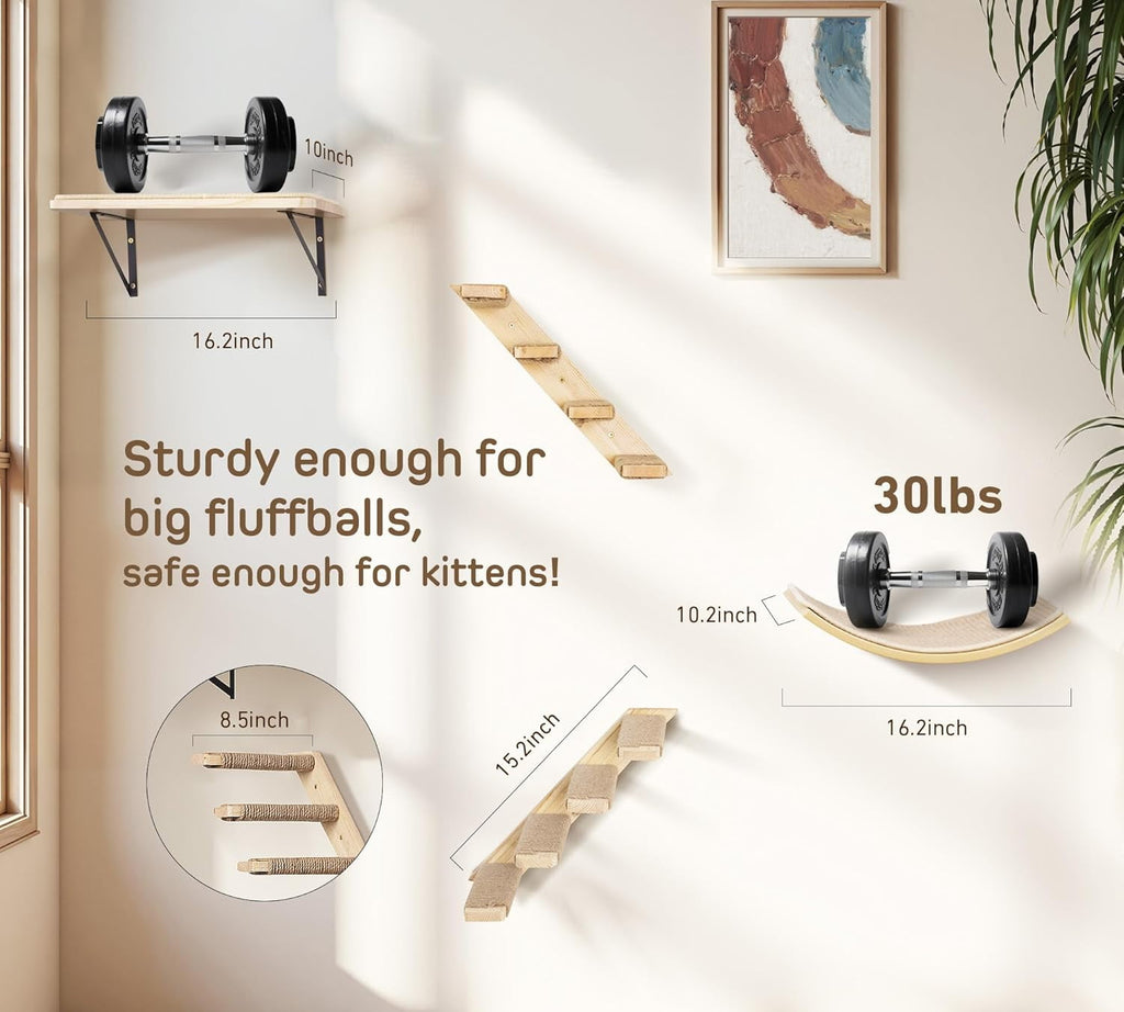 Cat Shelves with Scratching Mat, Cats Wall Furniture Set with 2 Steps 1 Square Platform and 1 Curved Platforms, Wooden Cat Climbing Frame Set for Sleeping and Playing