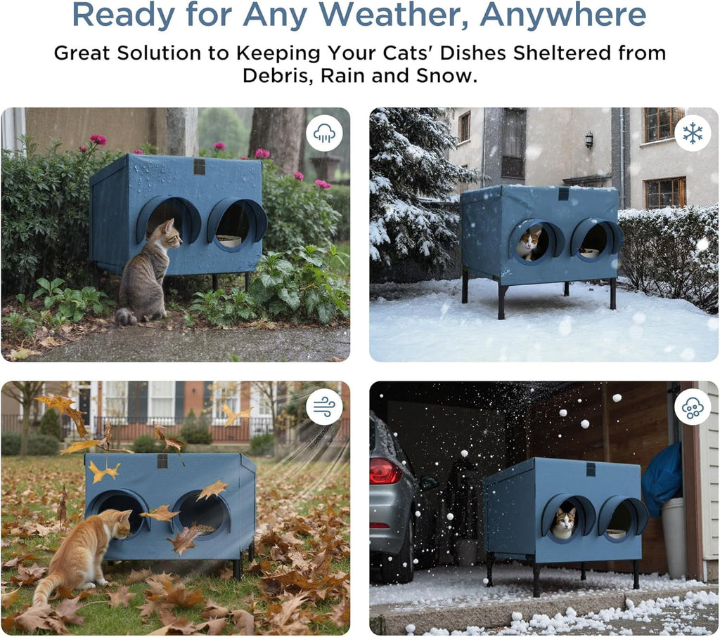 Outdoor Cat Feeding Shelter for Feral & Stray Cats, Insulated Dining Room with Slanted Roof & Double Feed Hole, Connects to PELUOMOZ Cat Houses, Windproof & Weatherproof - Navy Blue, 16" x 12" x 15.5"