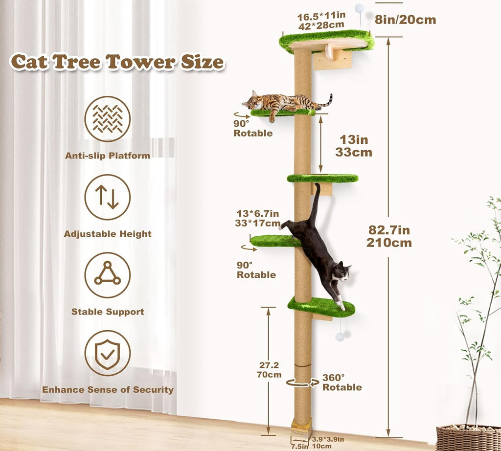 Peluomoz Adjustable Height Floor-to-Ceiling Cat Tree - Wall-Mounted 5-Platform Kitten Climber with Green Plush Pads