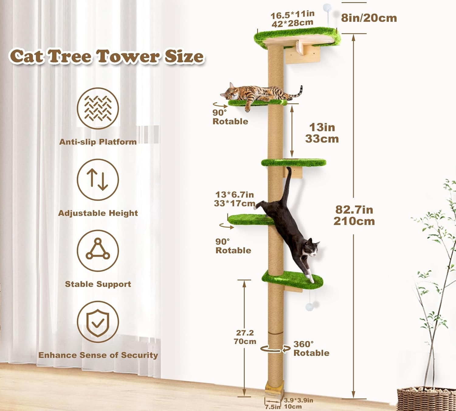 Peluomoz Adjustable Height Floor-to-Ceiling Cat Tree - Wall-Mounted 5-Platform Kitten Climber with Green Plush Pads