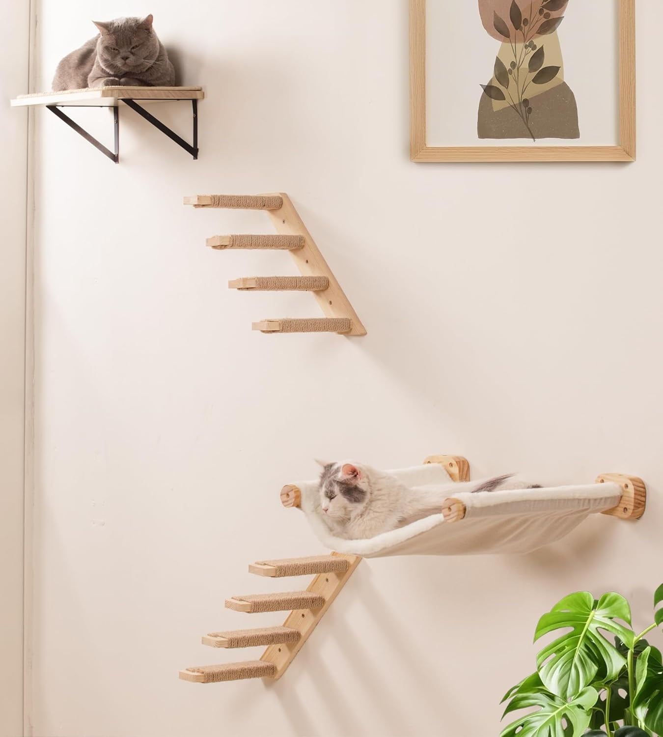 Cat Wall Hammock, Dual-Sided Cat Wall Bed with Canvas & Plush Fabric for All Seasons, Wall Mounted Shelf for Large Cats, Modern Perches for Lounging & Napping
