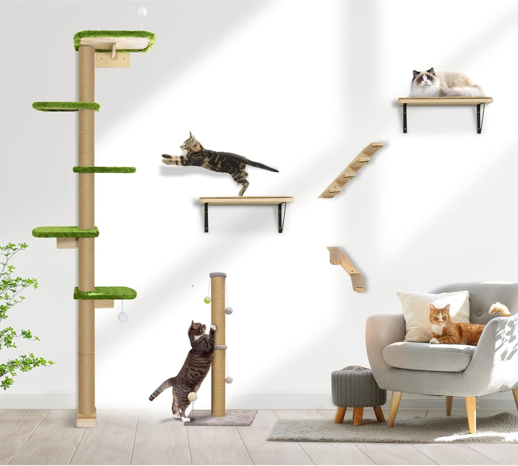 Peluomoz Adjustable Height Floor-to-Ceiling Cat Tree - Wall-Mounted 5-Platform Kitten Climber with Green Plush Pads