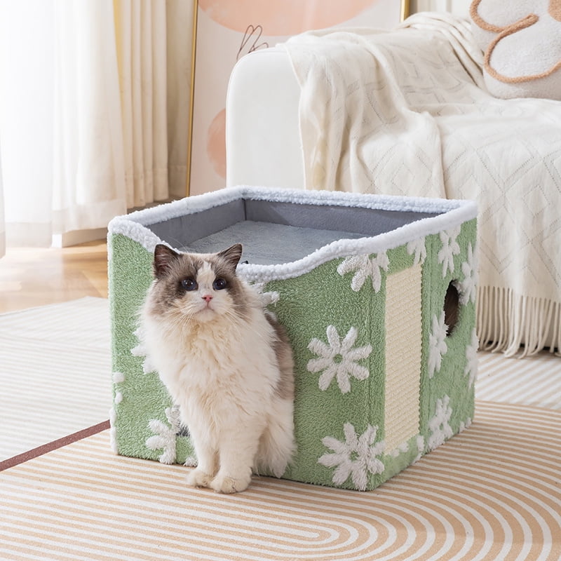 PELUOMOZ Clawable Large Indoor Cat House with Scratch Pad & Fluffy Ball Hanging, Green Flower