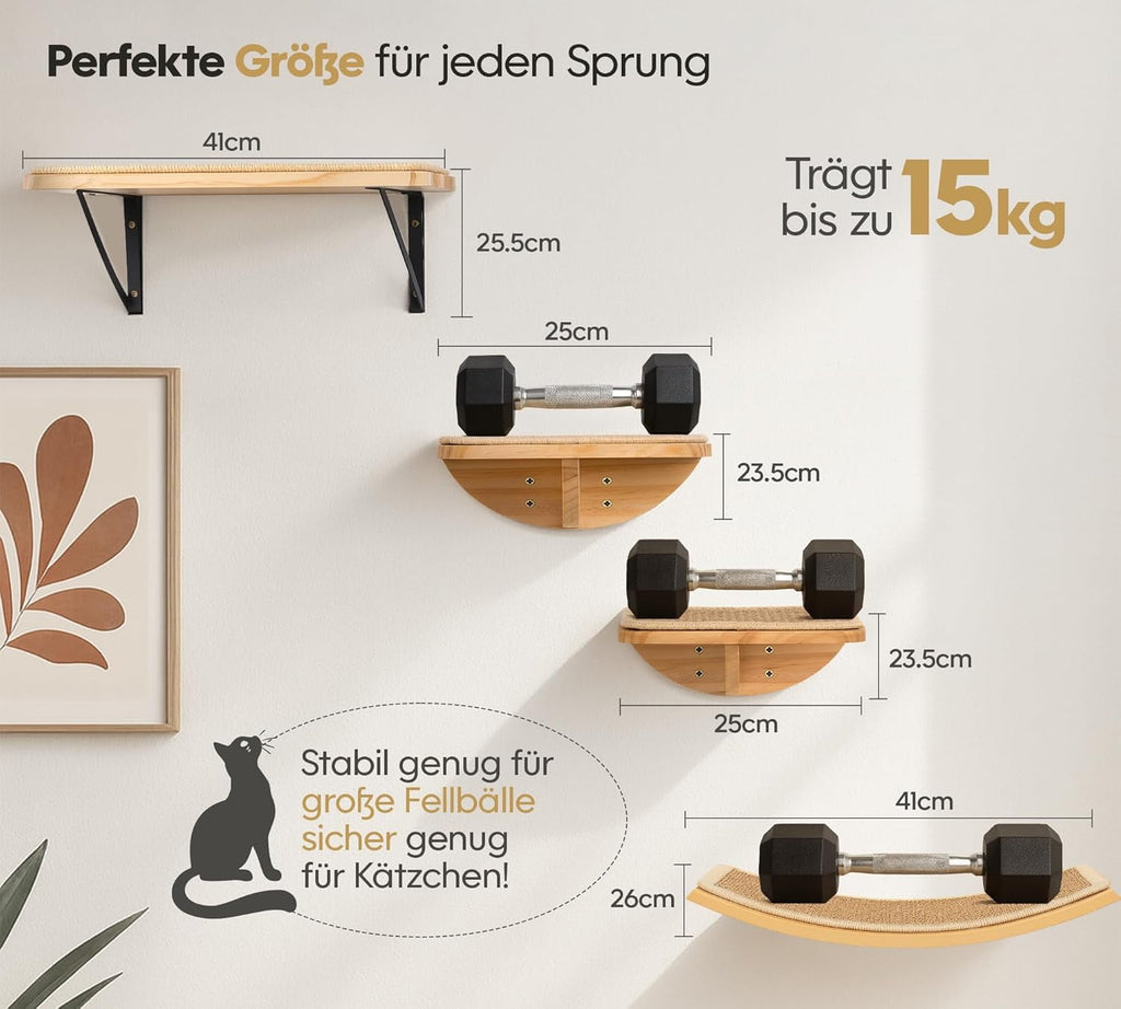 Peluomoz Curved Wood Cat Wall Perch - Wall-Mounted Floating Indoor Platform with Sisal Mat (Sleeper & Climb Shelf)