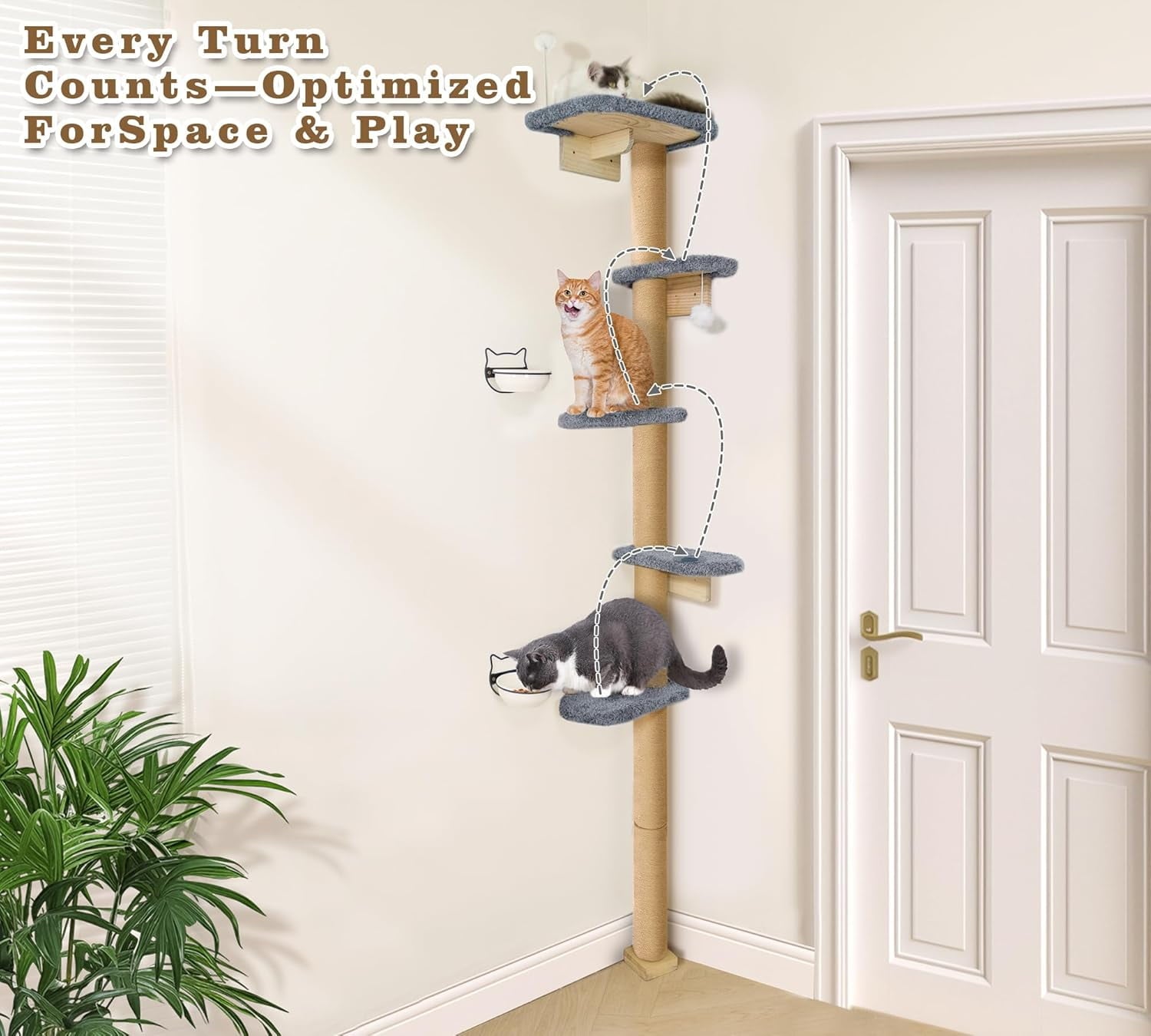 Peluomoz Adjustable Height Floor-to-Ceiling Kitten Cat Tree - Wall-Mounted 83" Climbing Tower with Grey Plush Pads & Scratching Post