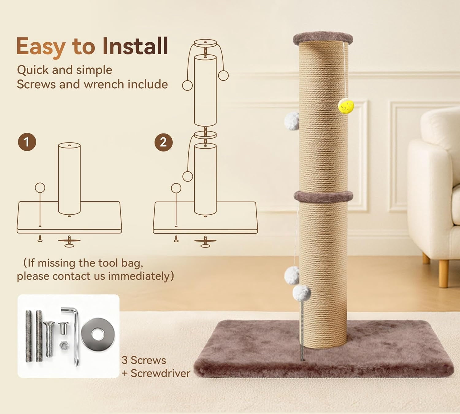 5-Inch Thick Sisal Cat Scratching Post, 36" Tall Scratch Tower with 6.5" Top Perch and Large 20.8 x 15.9" Stable Base, Durable Cat Scratcher for Indoor Cats, Brown