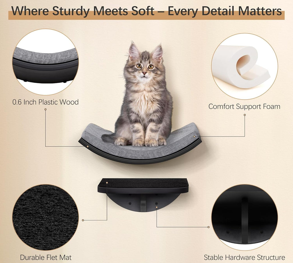 Peluomoz Wooden Wall-Mounted Cat Set - 2-Step Climbing Frame + Curved Sponge Mat Platform
