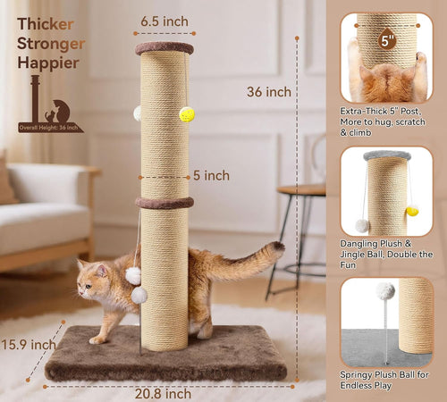 5-Inch Thick Sisal Cat Scratching Post, 36" Tall Scratch Tower with 6.5" Top Perch and Large 20.8 x 15.9" Stable Base, Durable Cat Scratcher for Indoor Cats, Brown