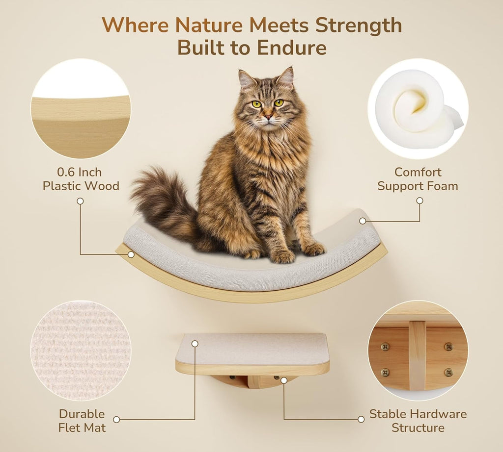 Curved Cat Wall Shelves with Sponge Mat, Wall Mounted Cats Sleeper Platform Shelf for Climb Play Nap, Wood Cat Shelf Perch Bed for Indoor