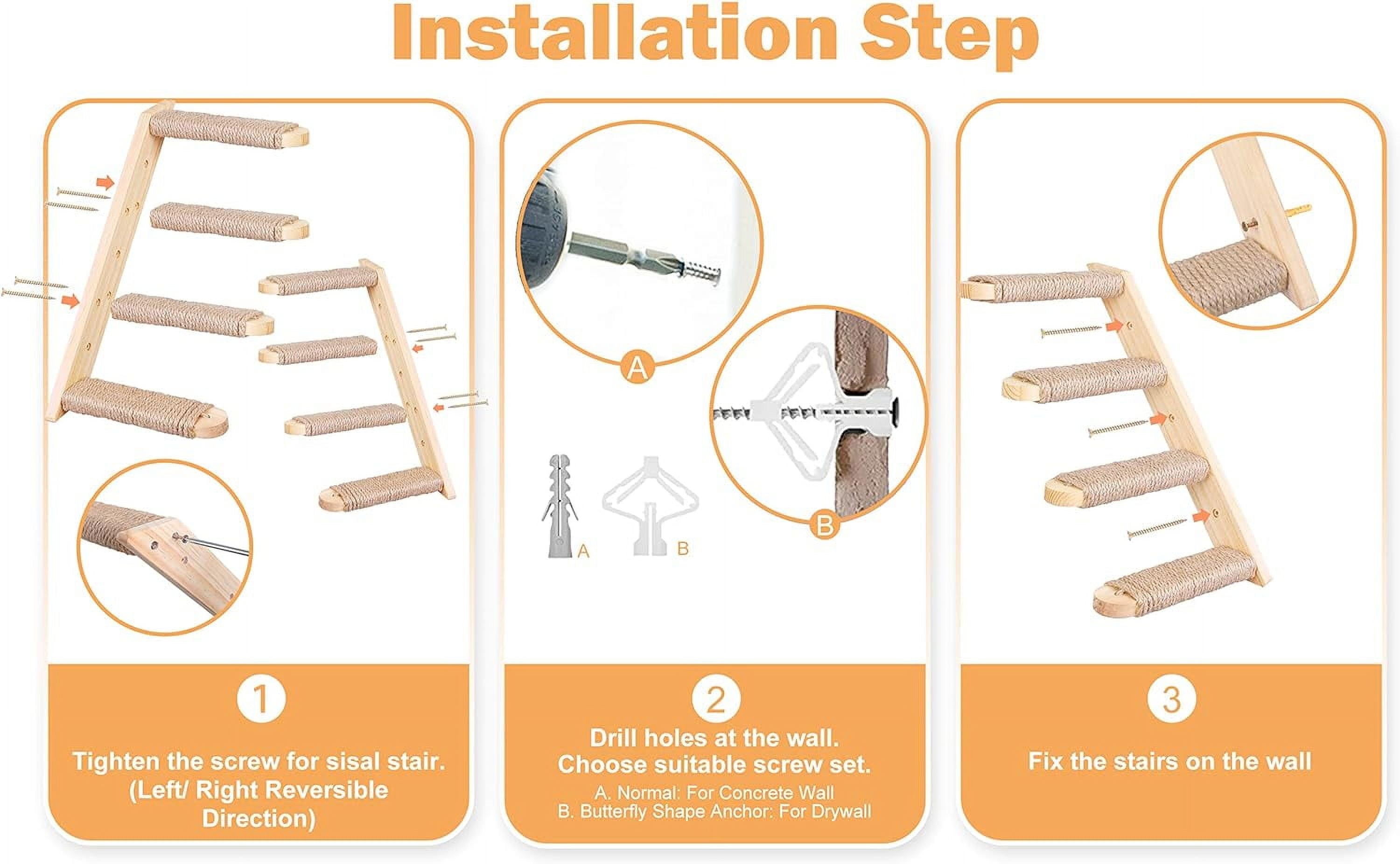PELUOMOZ Natural Wood 4-Step Reversible Cat Stair Shelf - Wall-Mounted Sisal Rope Climber Furniture