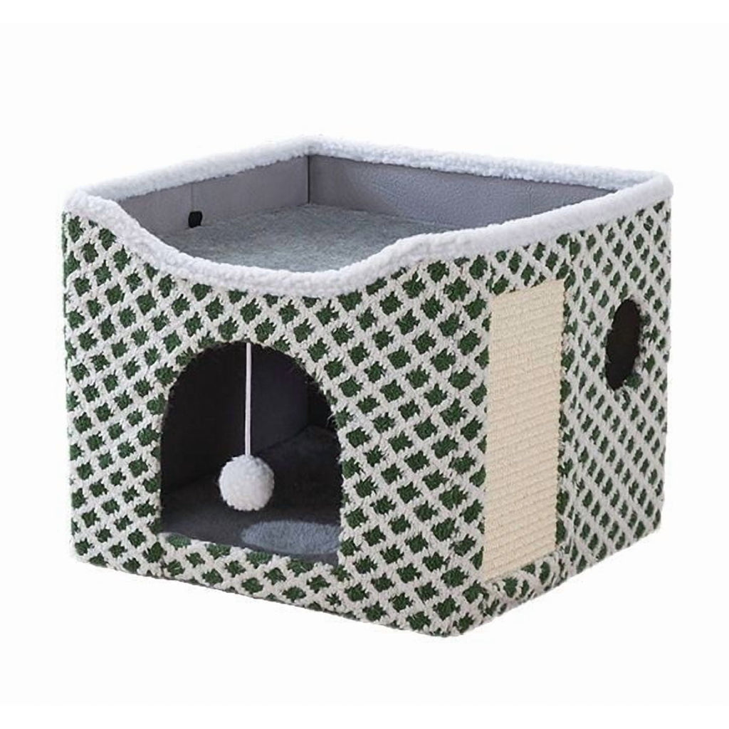 Peluomoz Clawsable Large Indoor Cat House with Scratch Pad & Fluffy Ball Hanging, Green