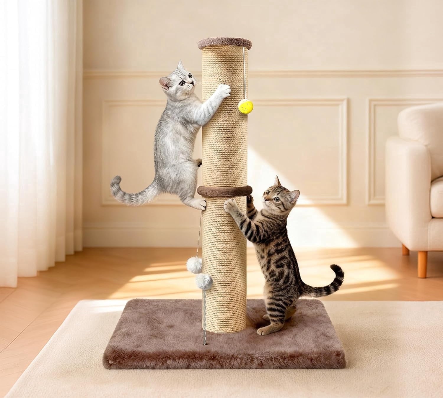 5-Inch Thick Sisal Cat Scratching Post, 36" Tall Scratch Tower with 6.5" Top Perch and Large 20.8 x 15.9" Stable Base, Durable Cat Scratcher for Indoor Cats, Brown