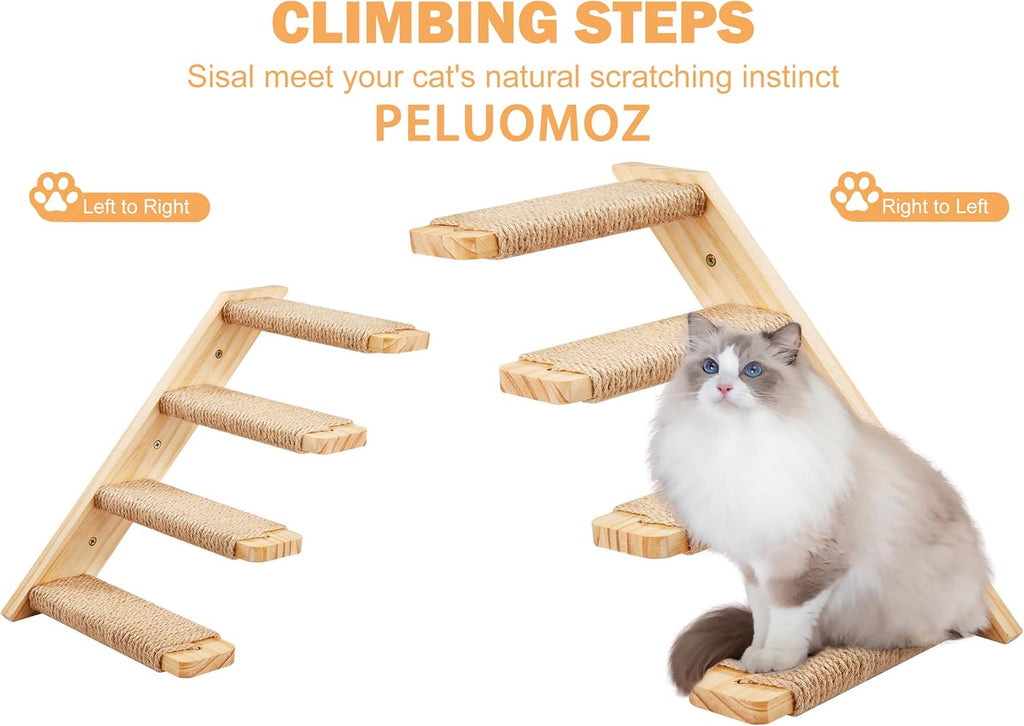 PELUOMOZ Natural Wood 4-Step Reversible Cat Stair Shelf - Wall-Mounted Sisal Rope Climber Furniture