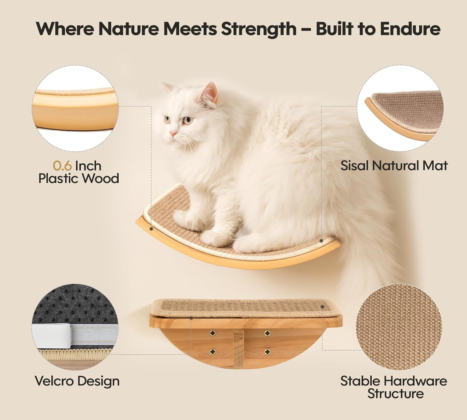 Peluomoz Curved Wood Cat Wall Perch - Wall-Mounted Floating Indoor Platform with Sisal Mat (Sleeper & Climb Shelf)