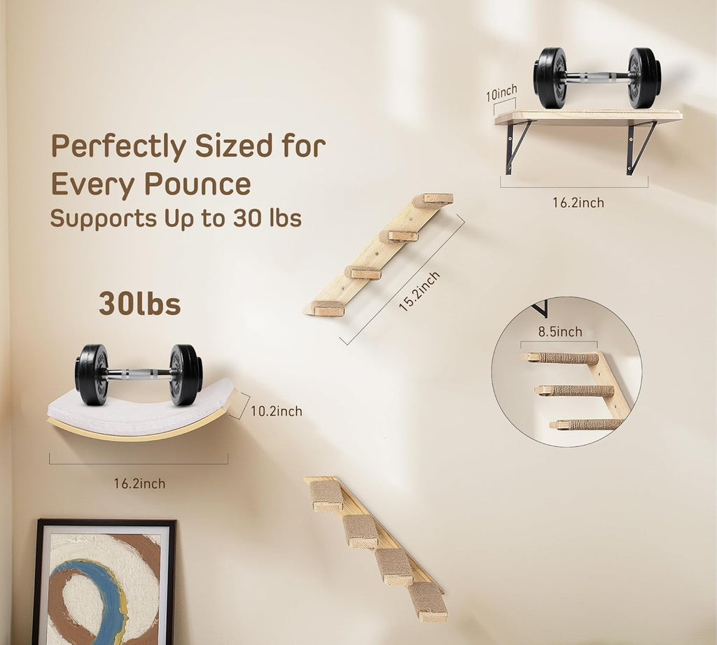 Cats Wall Shelves with Sponge Mat, Cat Climbing Tree with 2 Steps Square Platforms and Curved Platforms, Wooden Cat Wall Furniture Set for Sleeping and Playing