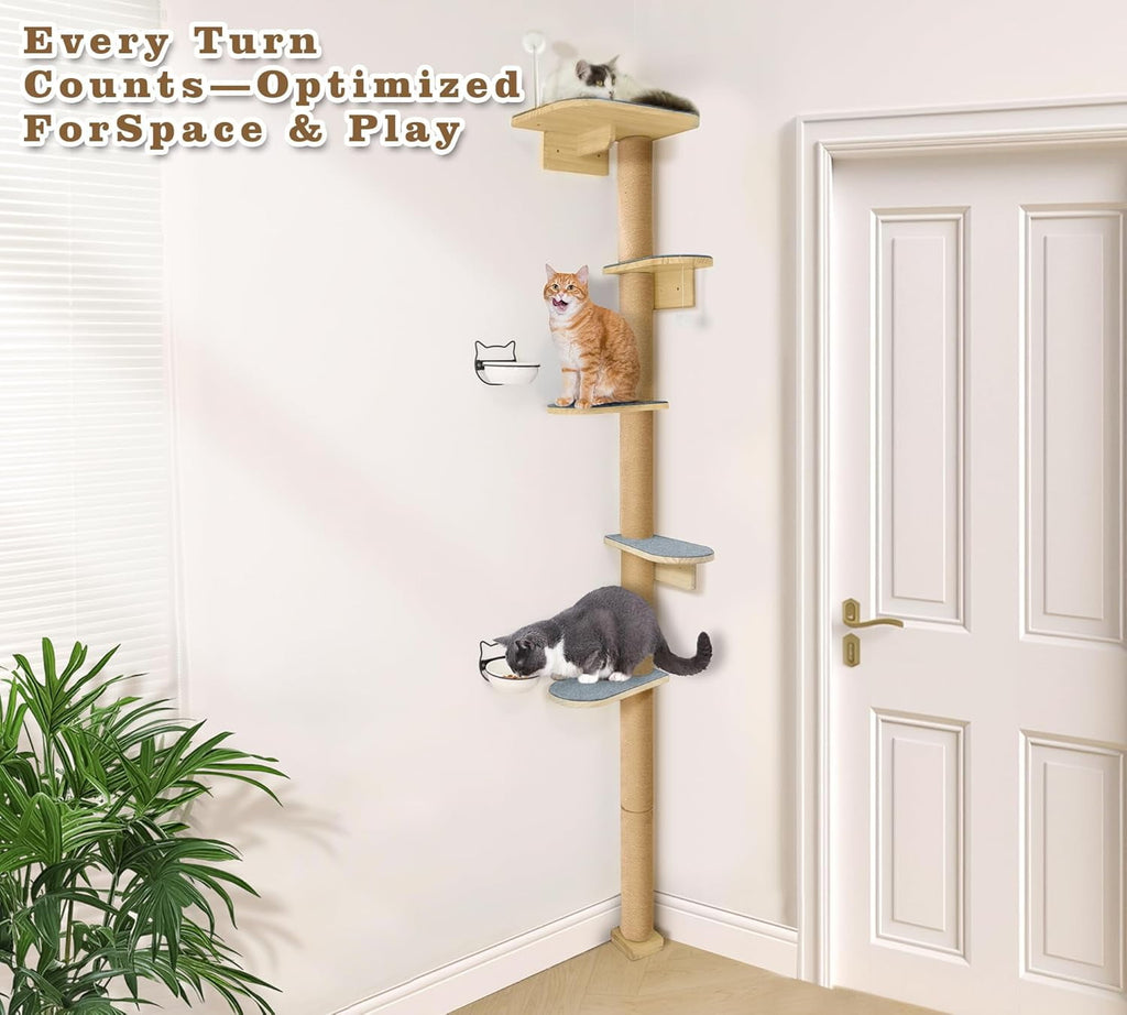 Peluomoz Adjustable Height Floor-to-Ceiling Kitten Cat Tree - Wall-Mounted 5-Tier Natural Pine Shelves with Grey Felt Pads