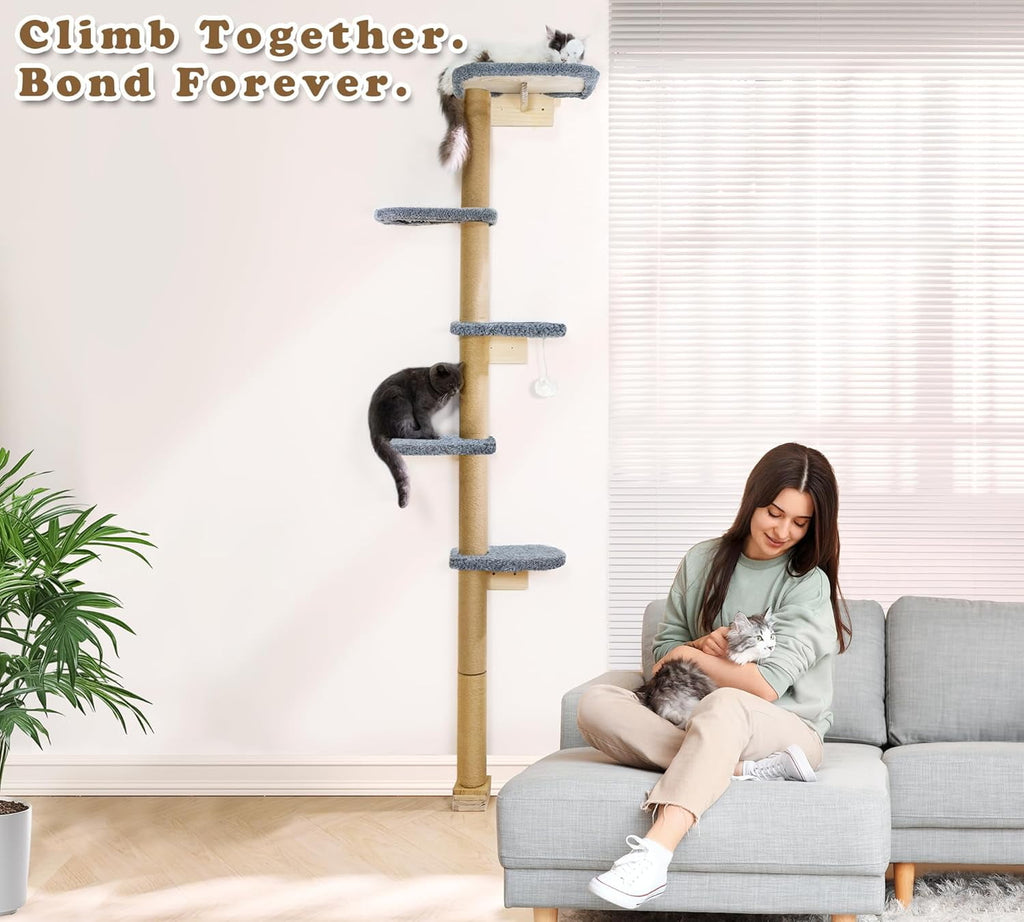 Peluomoz Adjustable Height Floor-to-Ceiling Kitten Cat Tree - Wall-Mounted 83" Climbing Tower with Grey Plush Pads & Scratching Post
