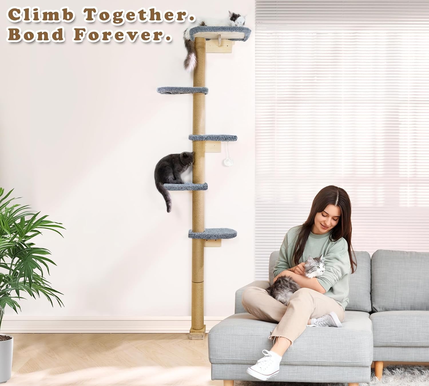 Peluomoz Adjustable Height Floor-to-Ceiling Kitten Cat Tree - Wall-Mounted 83" Climbing Tower with Grey Plush Pads & Scratching Post