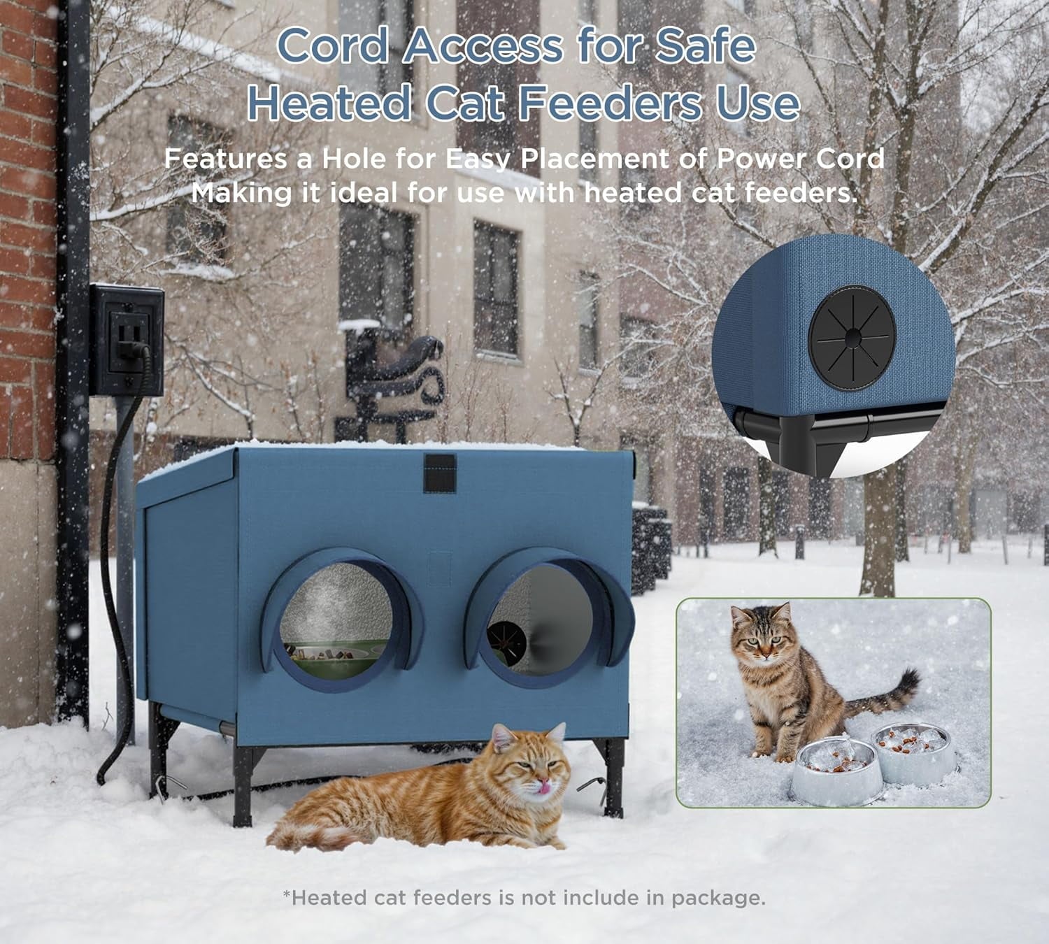 Outdoor Cat Feeding Shelter for Feral & Stray Cats, Insulated Dining Room with Slanted Roof & Double Feed Hole, Connects to PELUOMOZ Cat Houses, Windproof & Weatherproof - Navy Blue, 16" x 12" x 15.5"