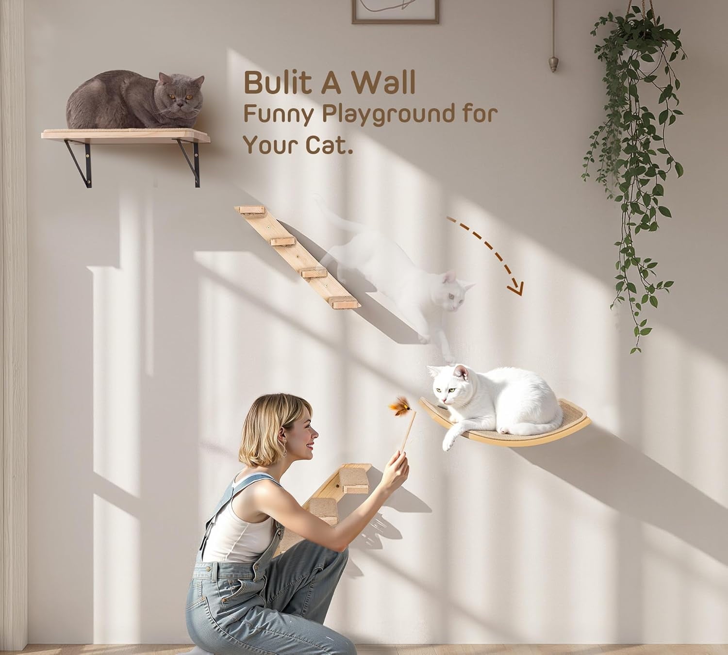 Peluomoz Curved Wood Cat Wall Perch - Wall-Mounted Floating Indoor Platform with Sisal Mat (Sleeper & Climb Shelf)