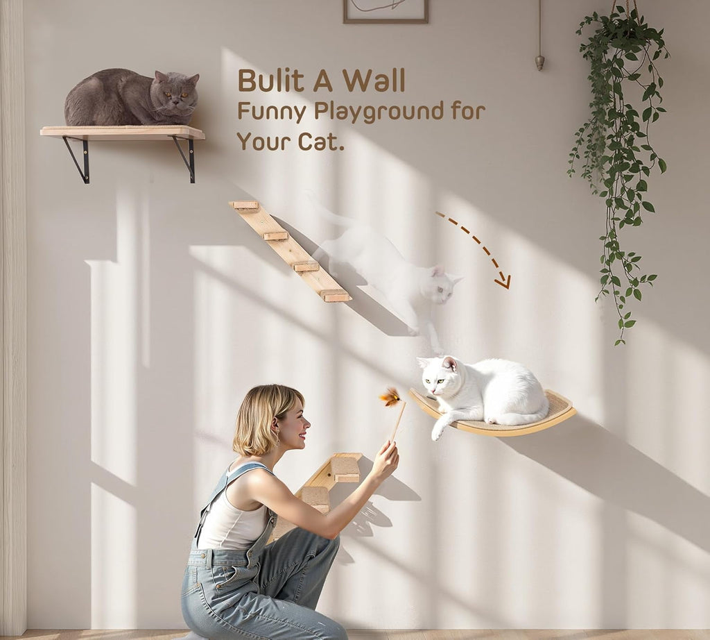 Cat Shelves with Scratching Mat, Cats Wall Furniture Set with 2 Steps 1 Square Platform and 1 Curved Platforms, Wooden Cat Climbing Frame Set for Sleeping and Playing