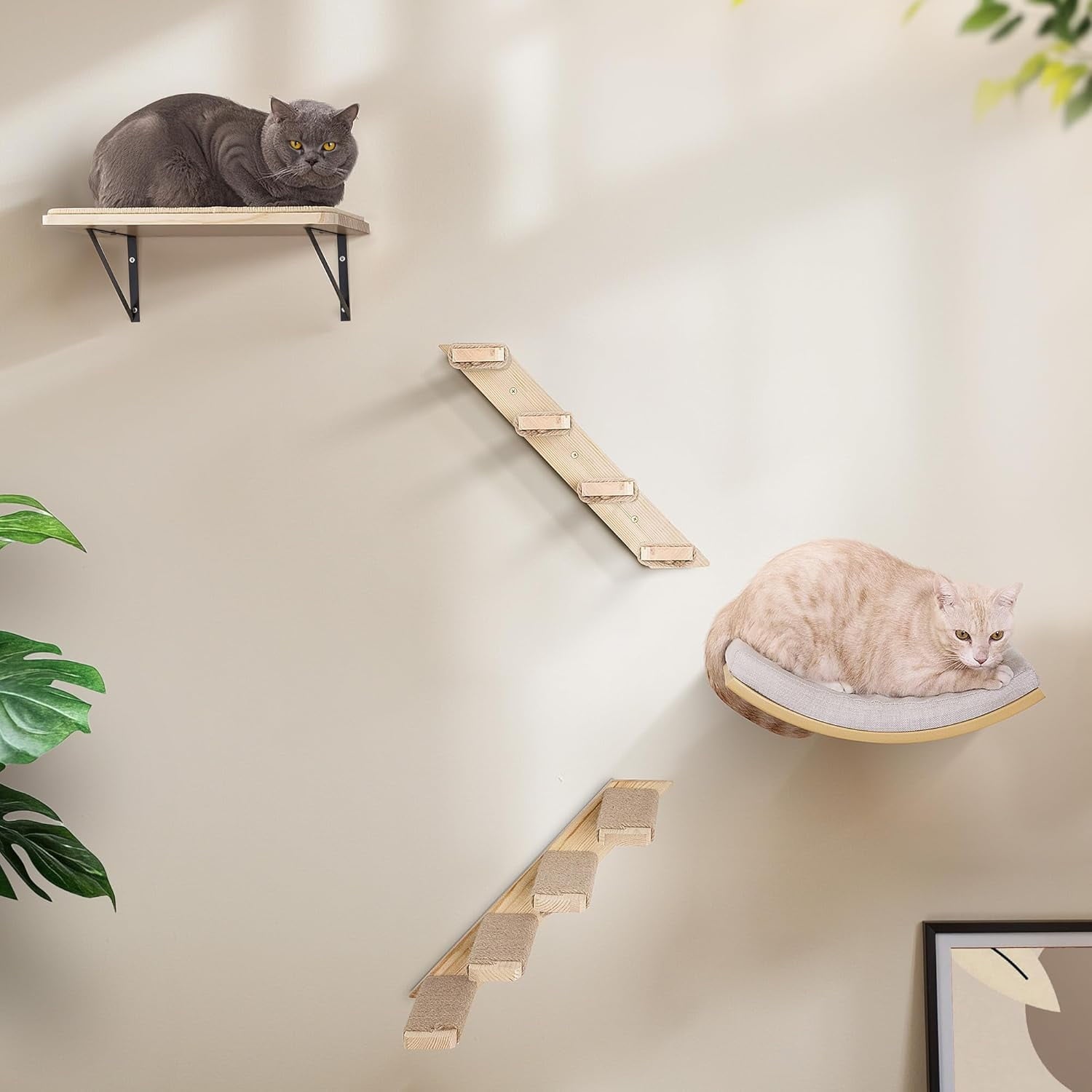 Cats Wall Shelves with Sponge Mat, Cat Climbing Tree with 2 Steps Square Platforms and Curved Platforms, Wooden Cat Wall Furniture Set for Sleeping and Playing