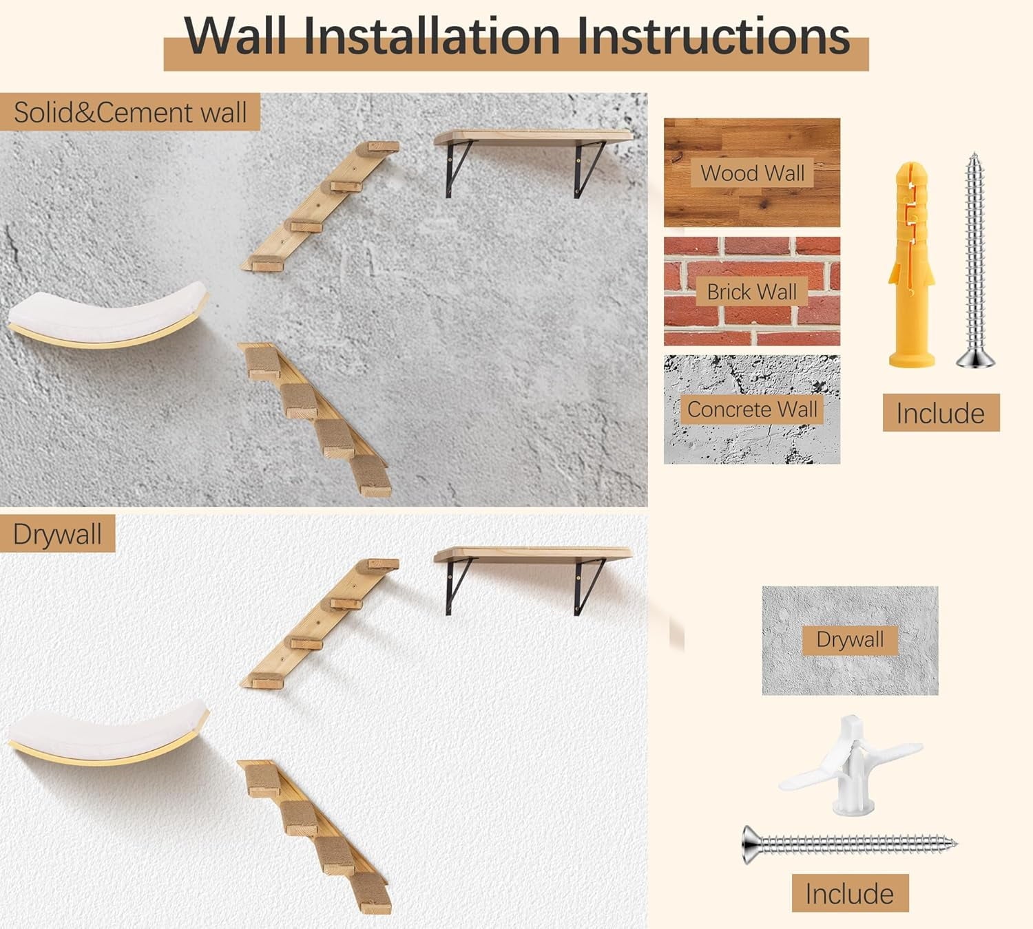 Cats Wall Shelves with Sponge Mat, Cat Climbing Tree with 2 Steps Square Platforms and Curved Platforms, Wooden Cat Wall Furniture Set for Sleeping and Playing