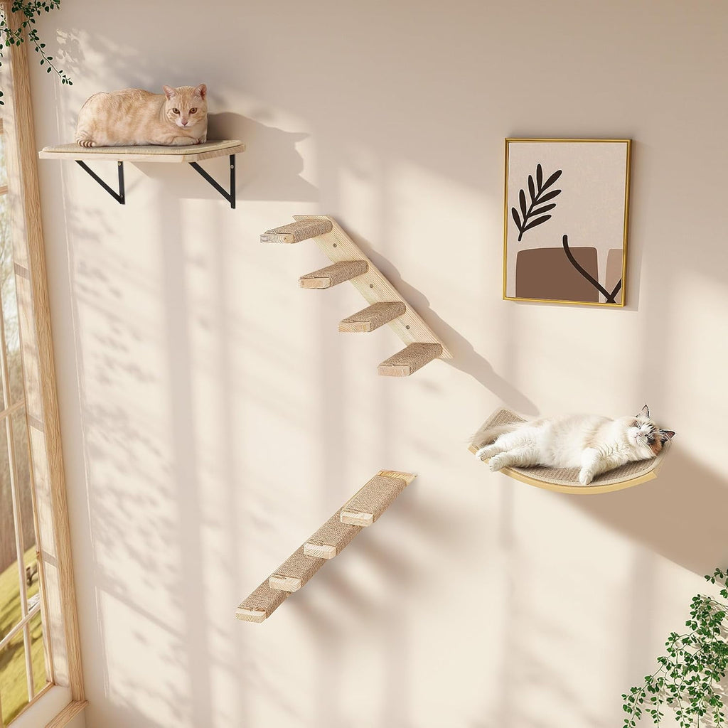 Cat Shelves with Scratching Mat, Cats Wall Furniture Set with 2 Steps 1 Square Platform and 1 Curved Platforms, Wooden Cat Climbing Frame Set for Sleeping and Playing