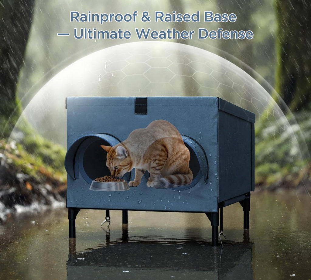 Outdoor Cat Feeding Shelter for Feral & Stray Cats, Insulated Dining Room with Slanted Roof & Double Feed Hole, Connects to PELUOMOZ Cat Houses, Windproof & Weatherproof - Navy Blue, 16" x 12" x 15.5"