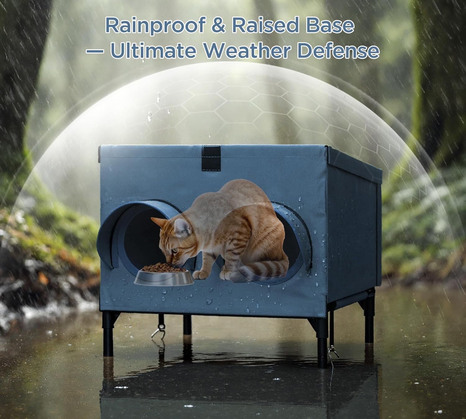 Outdoor Cat Feeding Shelter for Feral & Stray Cats, Insulated Dining Room with Slanted Roof & Double Feed Hole, Connects to PELUOMOZ Cat Houses, Windproof & Weatherproof - Navy Blue, 16" x 12" x 15.5"