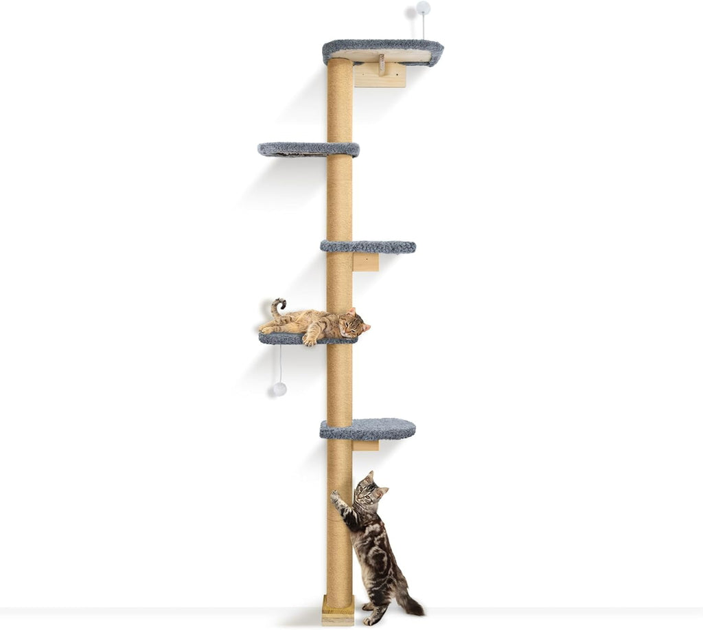 Peluomoz Adjustable Height Floor-to-Ceiling Kitten Cat Tree - Wall-Mounted 83" Climbing Tower with Grey Plush Pads & Scratching Post